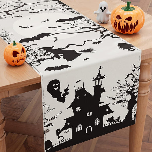 Halloween Table Runner,72 Inches Spooky Haunted House Bats Tree Ghost Witch Table Runner for Halloween, Table Decoration/Party Dinner Table Decor,Kitchen,Mantel,Bedroom Decoration