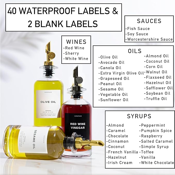 Olive Oil Dispenser Set With Silicone Tray & 40 Labels - 2 Black Bottles (500ml / 17oz) for Kitchen, Soy Sauce, Coffee Syrup