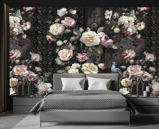 Cliouar-Black Fence Bird Peacock Pink Yellow White Rose 3D Mural Wallpaper Bedroom Living Room Decor Peel and Stick 98" x 58"