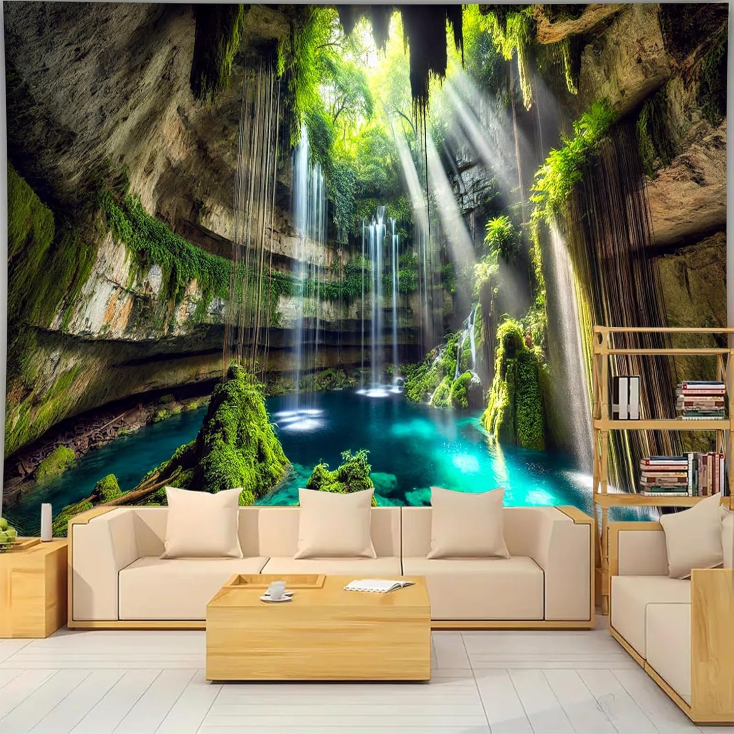 BSFHH Nature Tapestry Forest Tree Sea Cave Wall Hanging, Stream Through Rainforest Landscape Wall Art Tapestry for Bedroom Living room (Fall, 90"×70", Unframed)