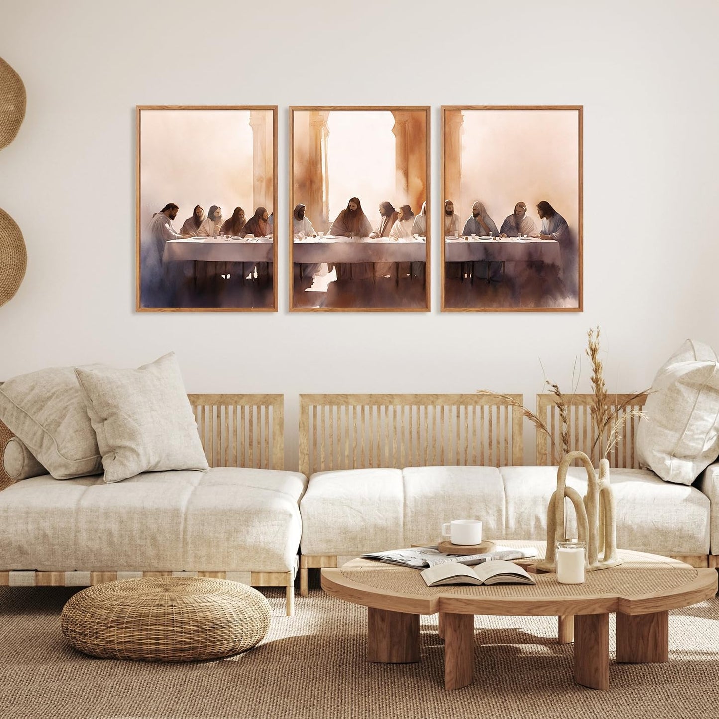 Aurlan Jesus Last Supper Bible Story Wall Art(16"x24"), 3PCS Boho Christ Christian Easter Gifts Canvas Artwork, Neutral Spiritual Religious Faith Decor Prints for Office Home