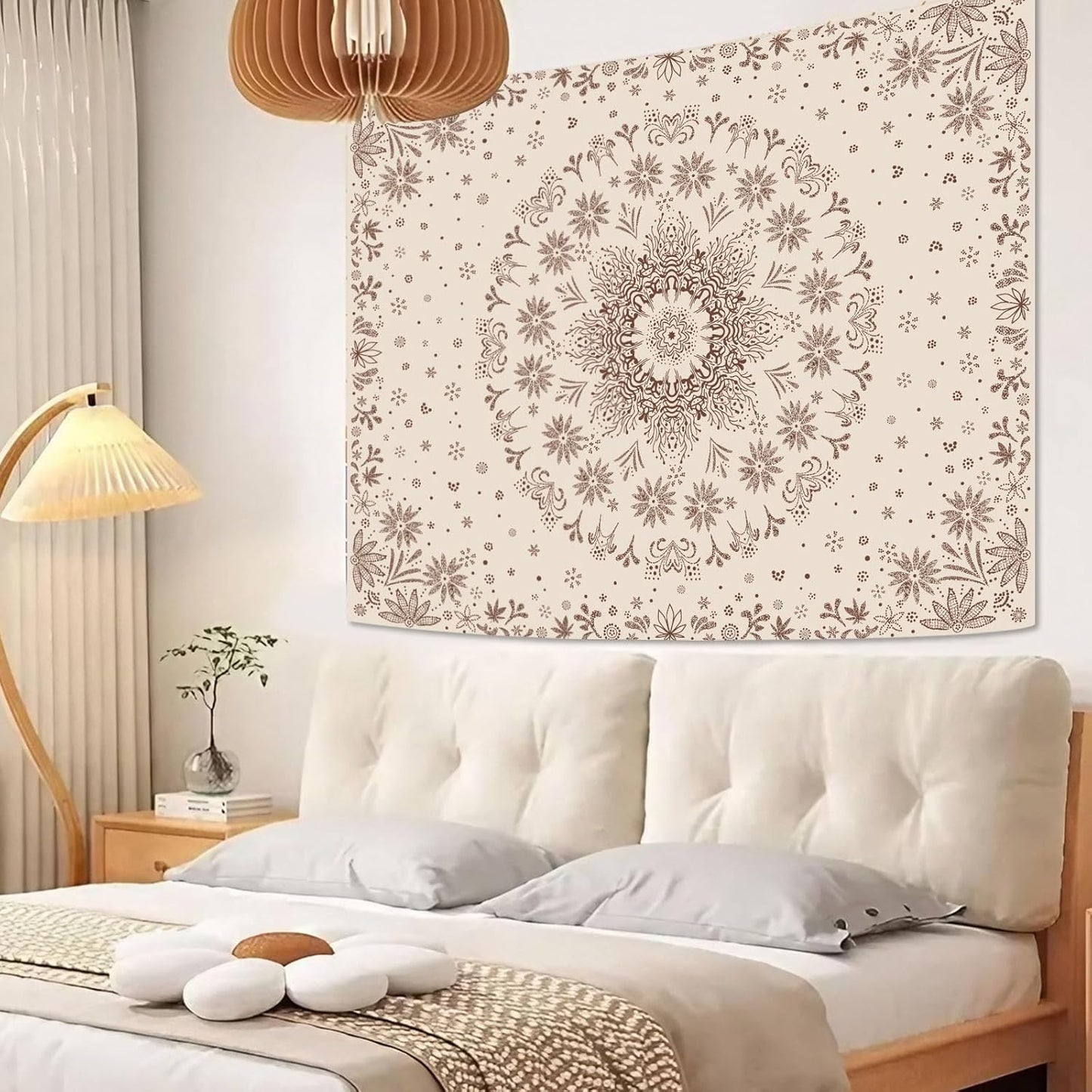 Fowocu Boho Floral Mandala Tapestry Wall Hanging Bohemian Flower Medallion Tapestry Aesthetic Beige Brown Hippie Indian Small Tapestries for Bedroom Living Room Dorm Decor 90 x 68 Inch