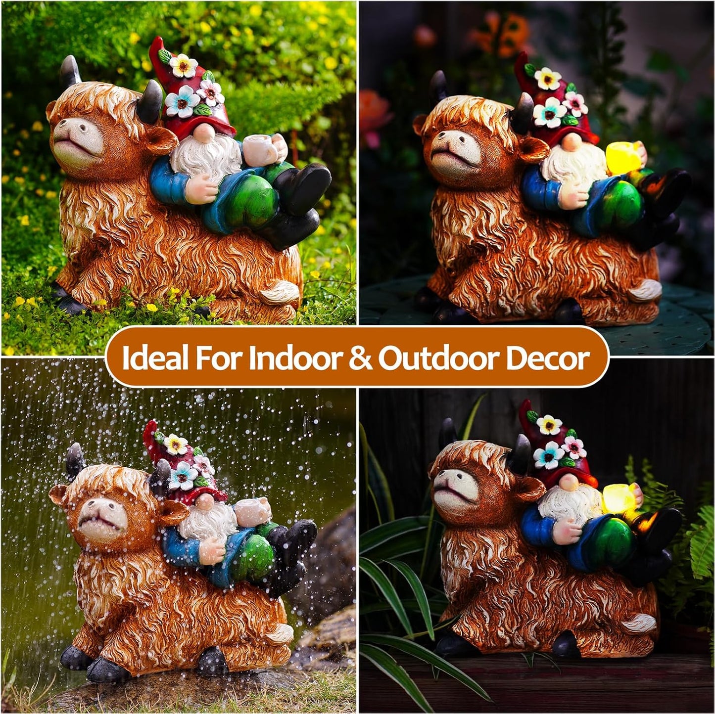 Garden Gnomes Decor Outdoor Statues Gnome on Highland Cow Hold Solar Cup Light Outdoor Decorations for Patio,Yard and Gift for Mom