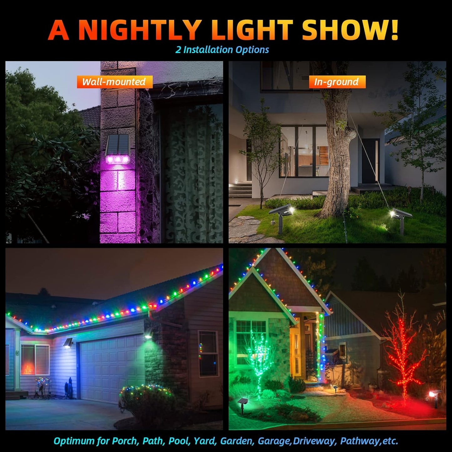 Color Solar Light Outdoor Waterproof Spotlights with 9 Light Modes, Color Changing Solar Outdoor Light for Decorate Festivals, Colored Spot Lights Auto On/Off, RGBW Landscape Lights