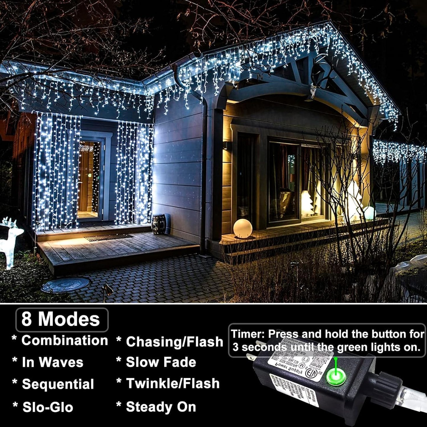 99ft Icicle Lights for Outside, White Christmas Lights Outdoor Indoor, 1216 LED Twinkle String Light with 228 Drops Short Curtain Lights for Thanksgiving Room Home Wall Bedroom Window Tree Decorations