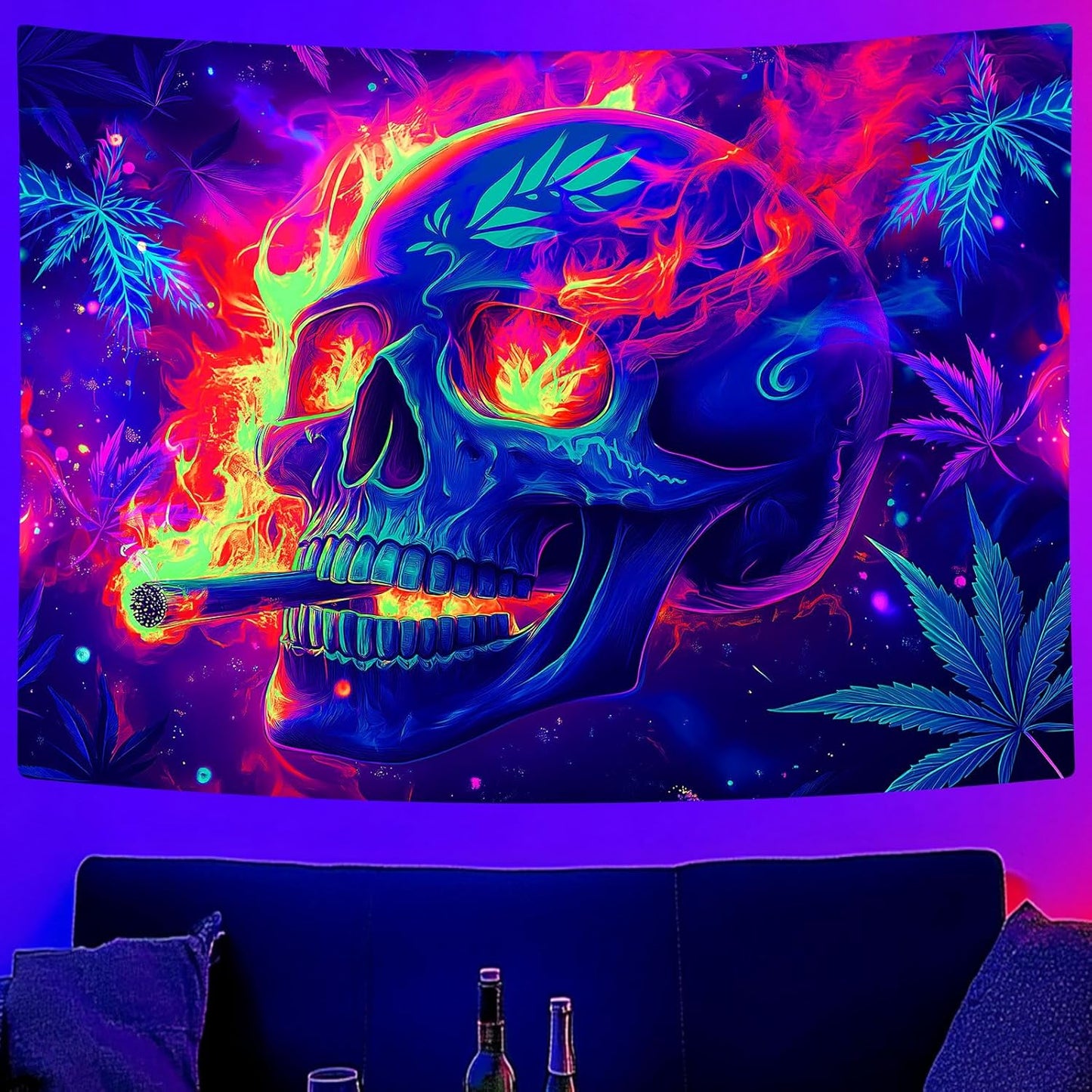 Blacklight Skeleton Tapestry, Glowing Skull UV Reactive Gothic Wall Hanging Tapestries, Glow in the Dark Grim Reaper Magic Horror Face Halloween Poster Tapestry for Bedroom Living Room Decor 90X70IN