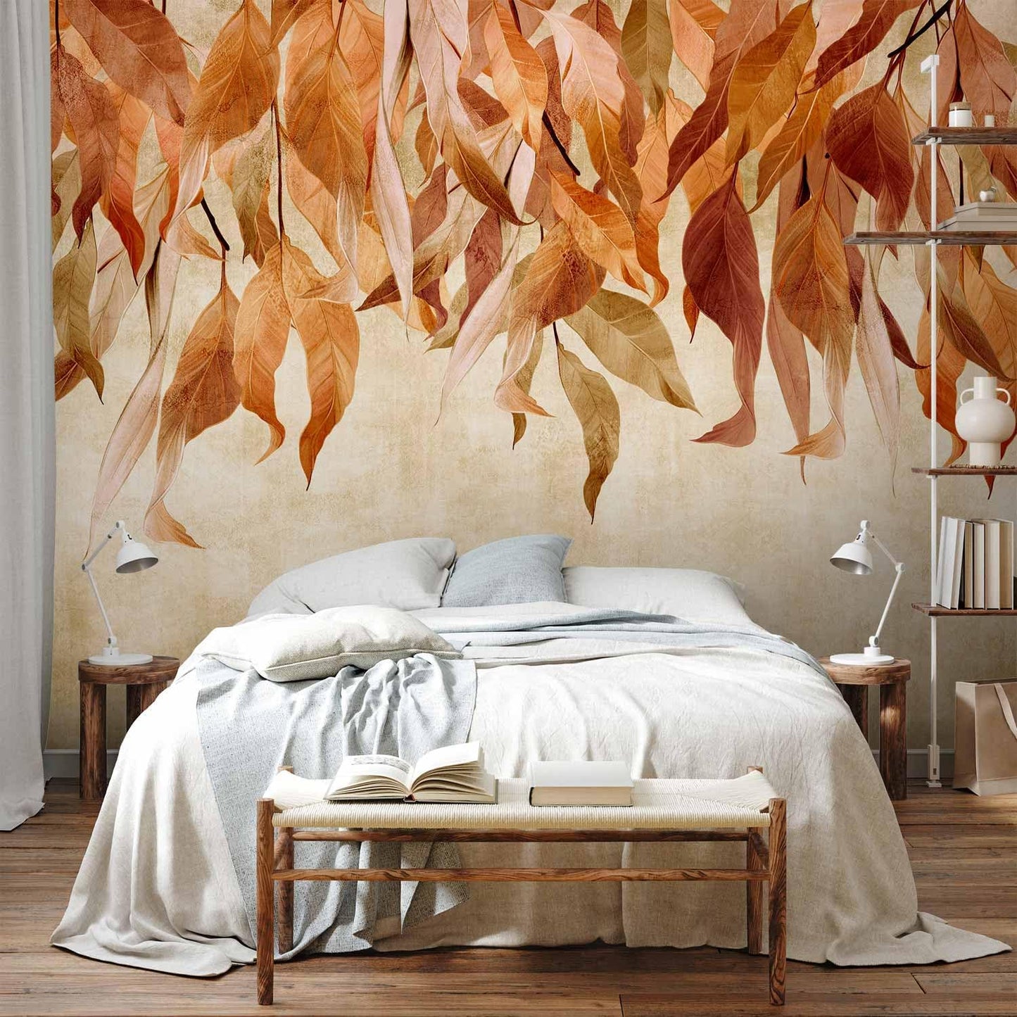 artgeist Wall Mural Hanging Leaves 118x83 in - Non-Woven Wallpaper Fleece Wall Decor Photo Print Picture Image Design Nature Botanical Concrete Orange Beige b-C-10146-a-c