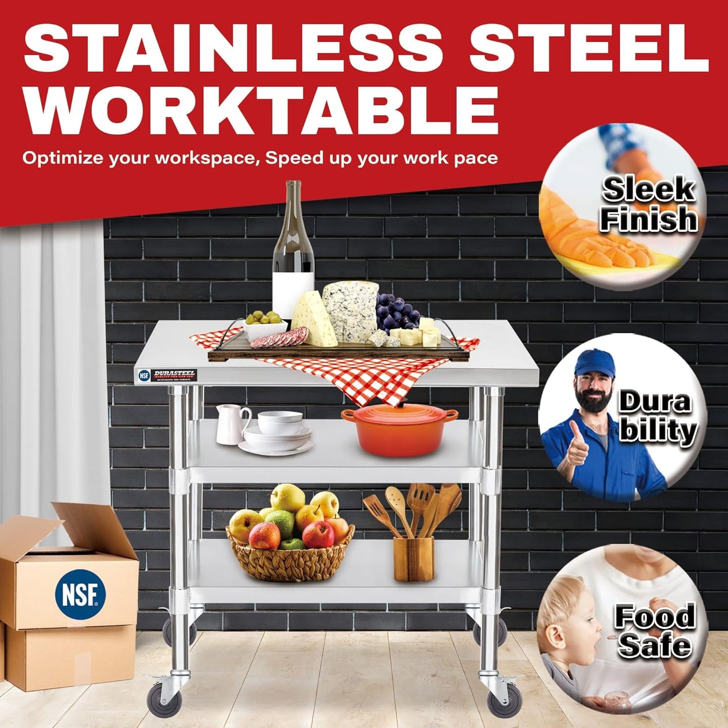 DuraSteel Stainless Steel Work Table 30" x 36" x 34" Height w/ 4 Caster Wheels - Food Prep Commercial Grade Worktable - NSF Certified - Good for Restaurant, Business, Warehouse, Home, Kitchen, Garage