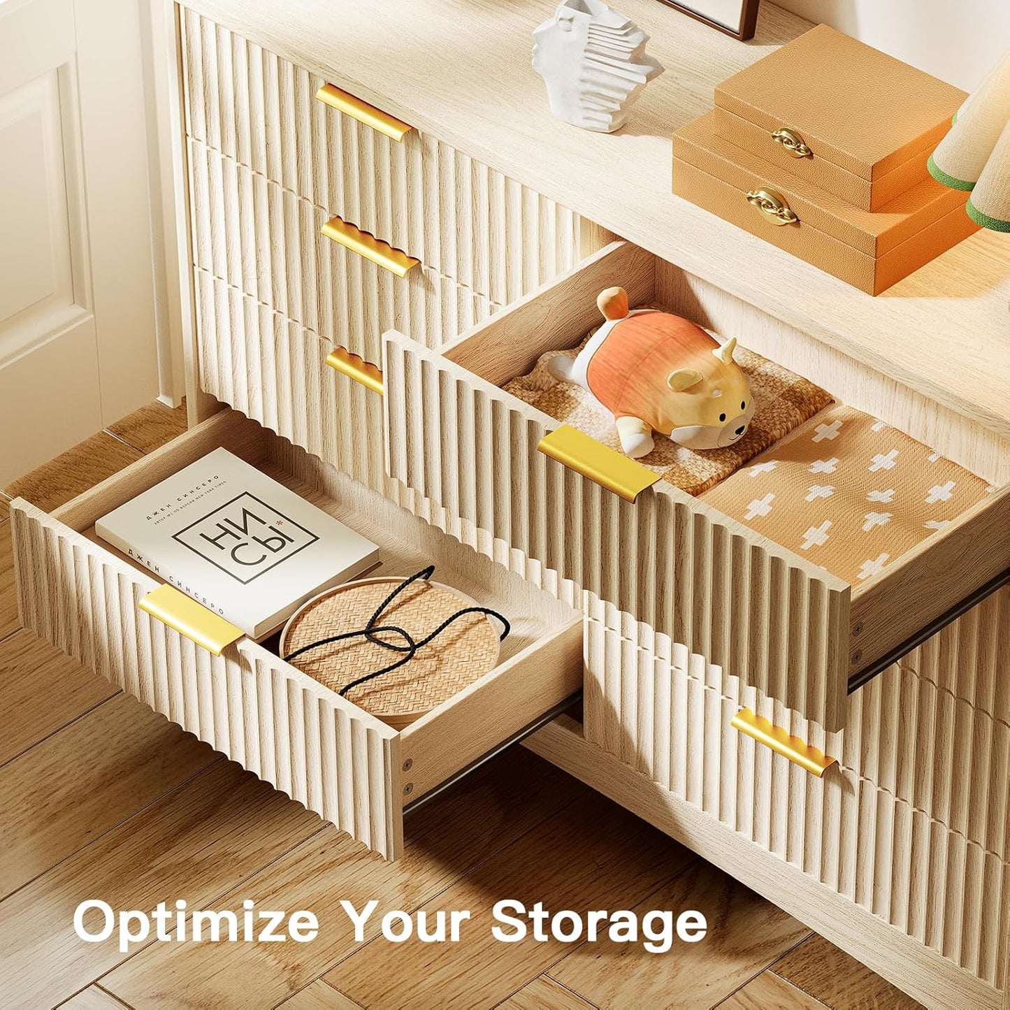 Pipishell Fluted 8 Drawers Dresser, Modern Wood Chest of Drawers, Dressers with Round Edge Design, Dresser TV Stand, Wood Drawer Organizer for Bedroom, Living Room, Hallway, Natural Oak