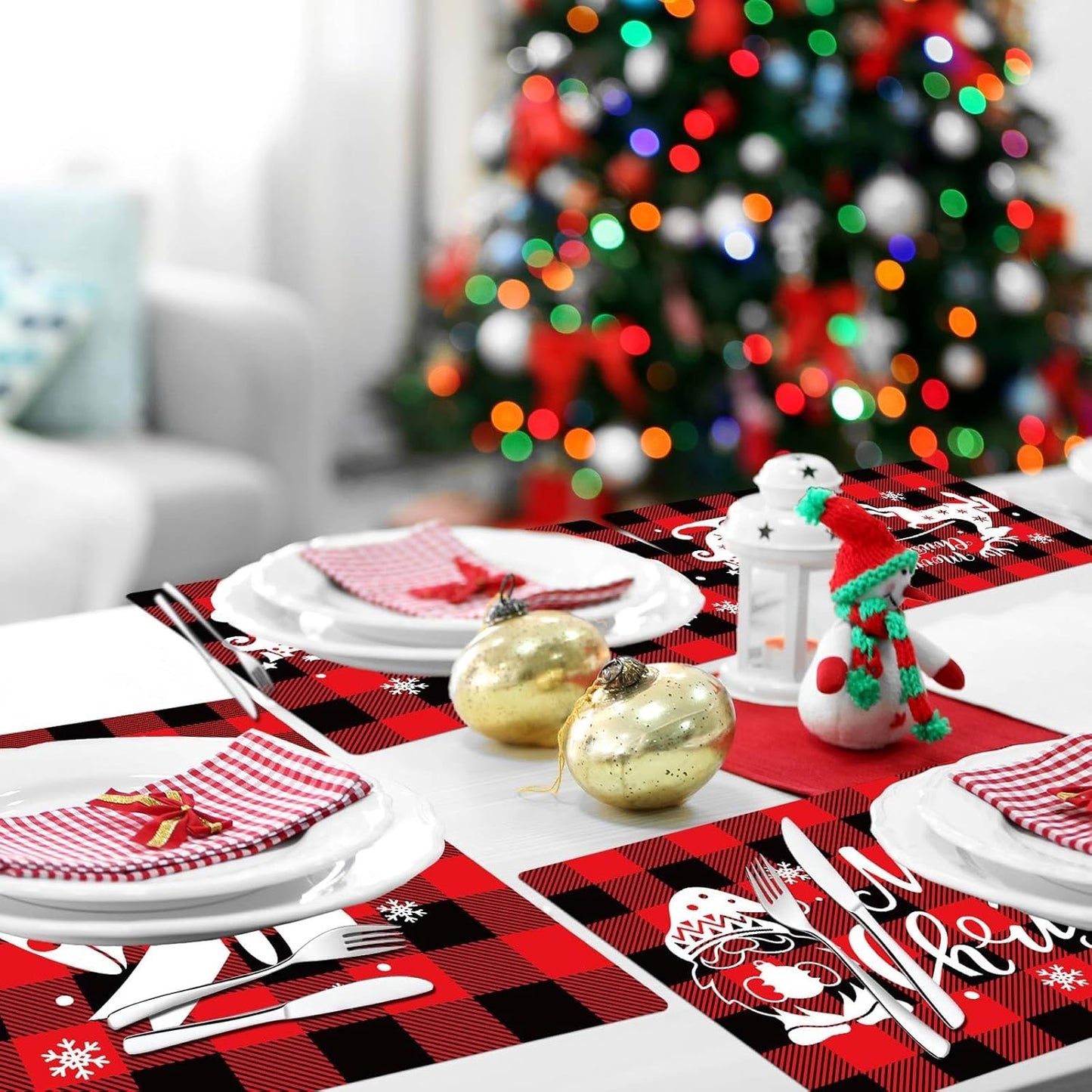 Christmas Placemats Set of 6 Red and Black Plaid Table Mats Plastic Xmas Recyclable Place Mats Washable Holiday Table Decoration for Indoor Outdoor Christmas Party Kitchen Dining