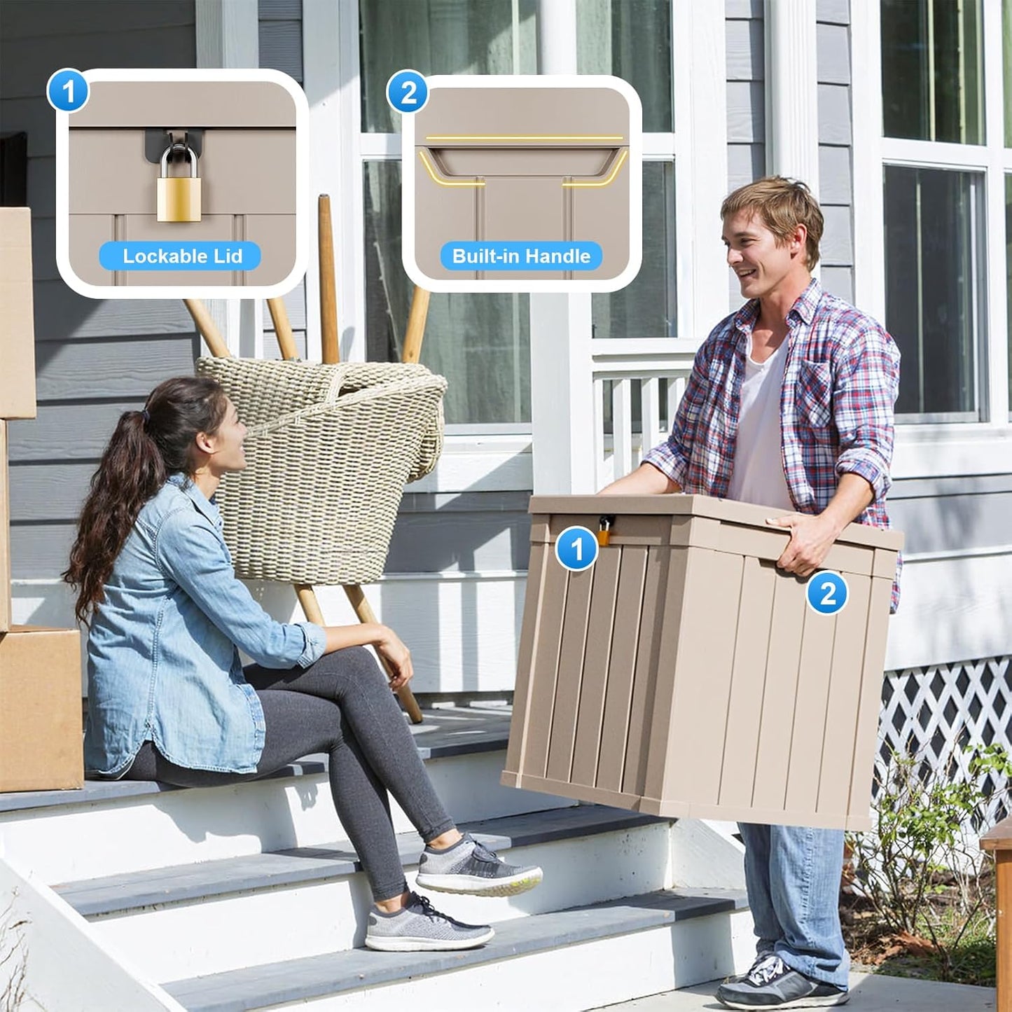 50 Gallon Resin Deck Box, Lockable Outdoor Storage Box for Patio Cushions Storage Furniture,Garden Tools, Pool Supplies, Weatherproof and UV Resistant (Grey)