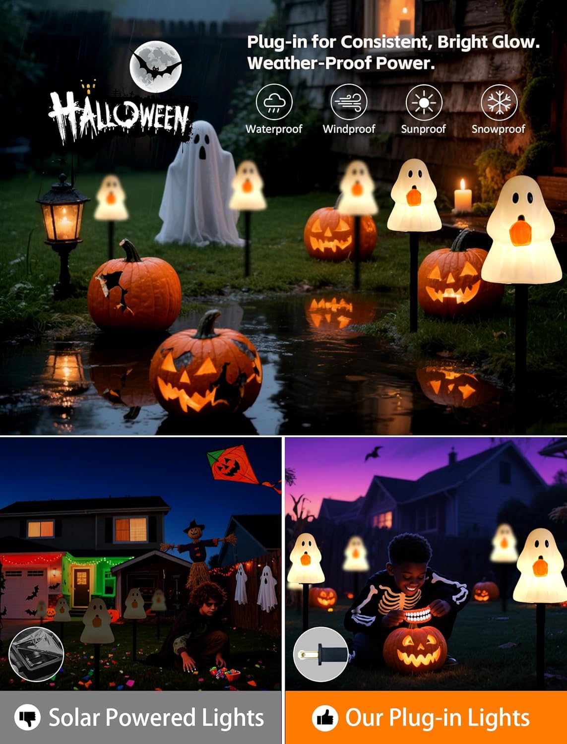 Classic Ghost Halloween Pathway Lights (5-Pack) - Electric Outdoor Decorations with Warm C7 Bulbs, UL Listed Corded Yard Stakes for a Whimsical, Nostalgic Walkway & Lawn Display