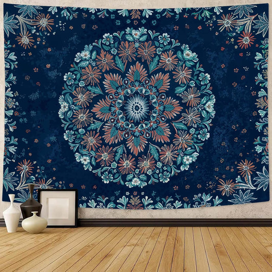 Fowocu Boho Floral Mandala Tapestry Wall Hanging Blue Bohemian Flower Medallion Tapestry Aesthetic Vintage Navy Hippie Indian Small Tapestries for Bedroom Living Room Dorm Decor 40 x 30 Inch