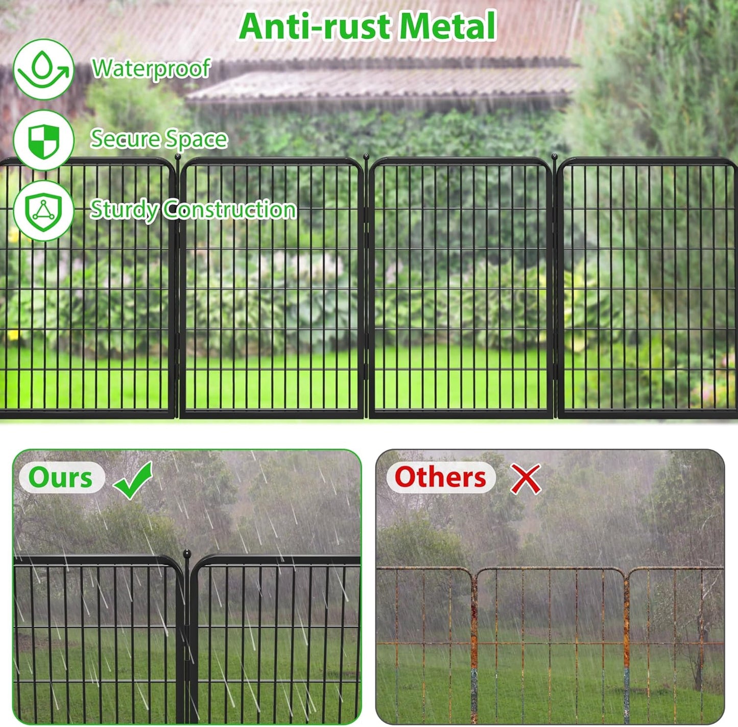 Decorative Black Metal Fencing Garden Fence with Gate, 18ft(L) 40in(H) 8 Fence Panels No Dig Fence Rustproof Animal Barrier Fence Temporary Dog Panels Fencing Outdoor
