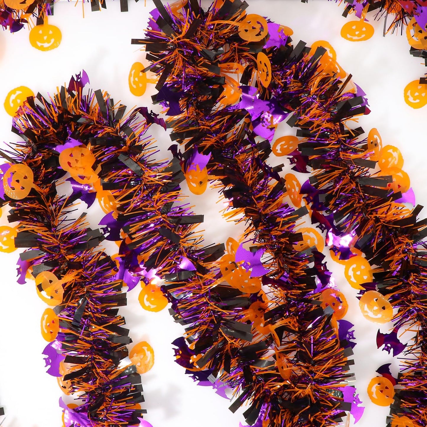 50 Ft Halloween Tinsel Garlands,Funny Pumpkin Purple Bats Shiny Metallic Twist Foil Tinsel Garland Hanging Holiday Decorations for Home Indoor Outdoor Festivities Party Decor