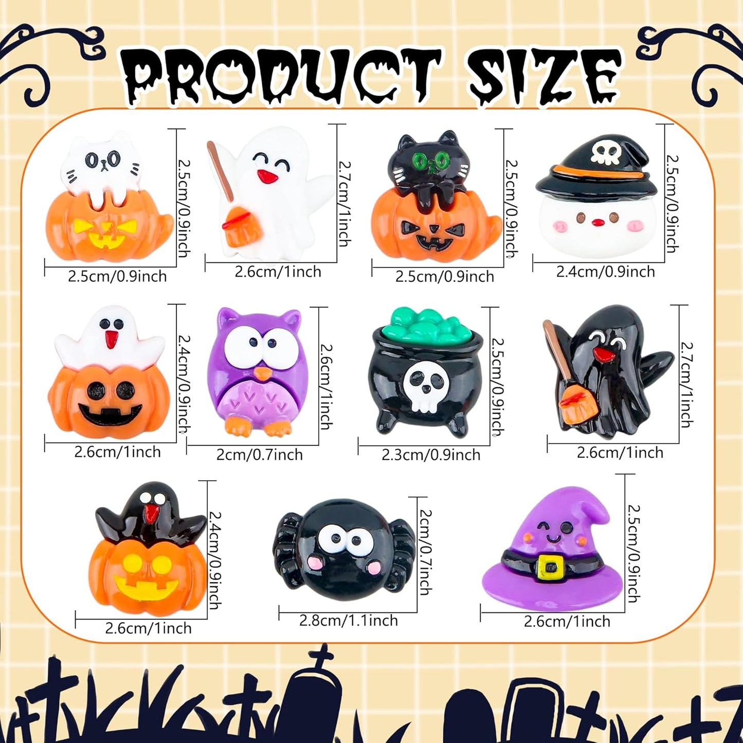 65 Pcs Mini Halloween Figurines Bulk Miniatures Resin Pumpkin Ghost Candy Hat Halloween Garden DIY Accessories for Halloween Decoration Goodie Bags Stuffers, 10 Styles