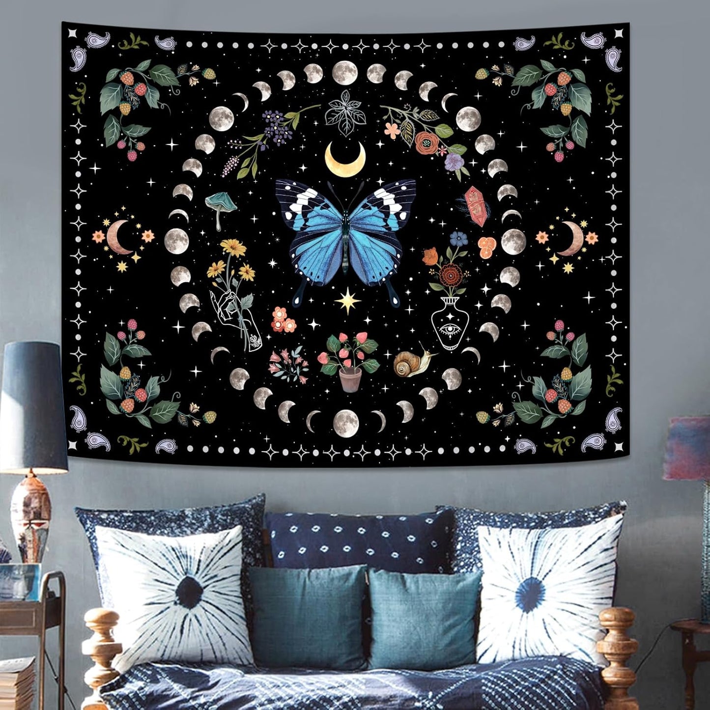 Aipon Blue Butterfly Moon Flower Tapestry for Bedroom and Living Room, 68.00" x 90.00", Boho, Botanical, Floral, Vintage