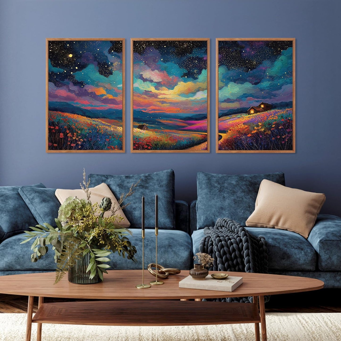 KAIRNE Framed Abstract Midnight Canvas Wall Art,Starry Night Prints Set of 3(16”X24”),Colorful Wildflowers Wall Decor,Nature Night Scene Paintings for Living Room Bedroom office Farmhouse Decoration