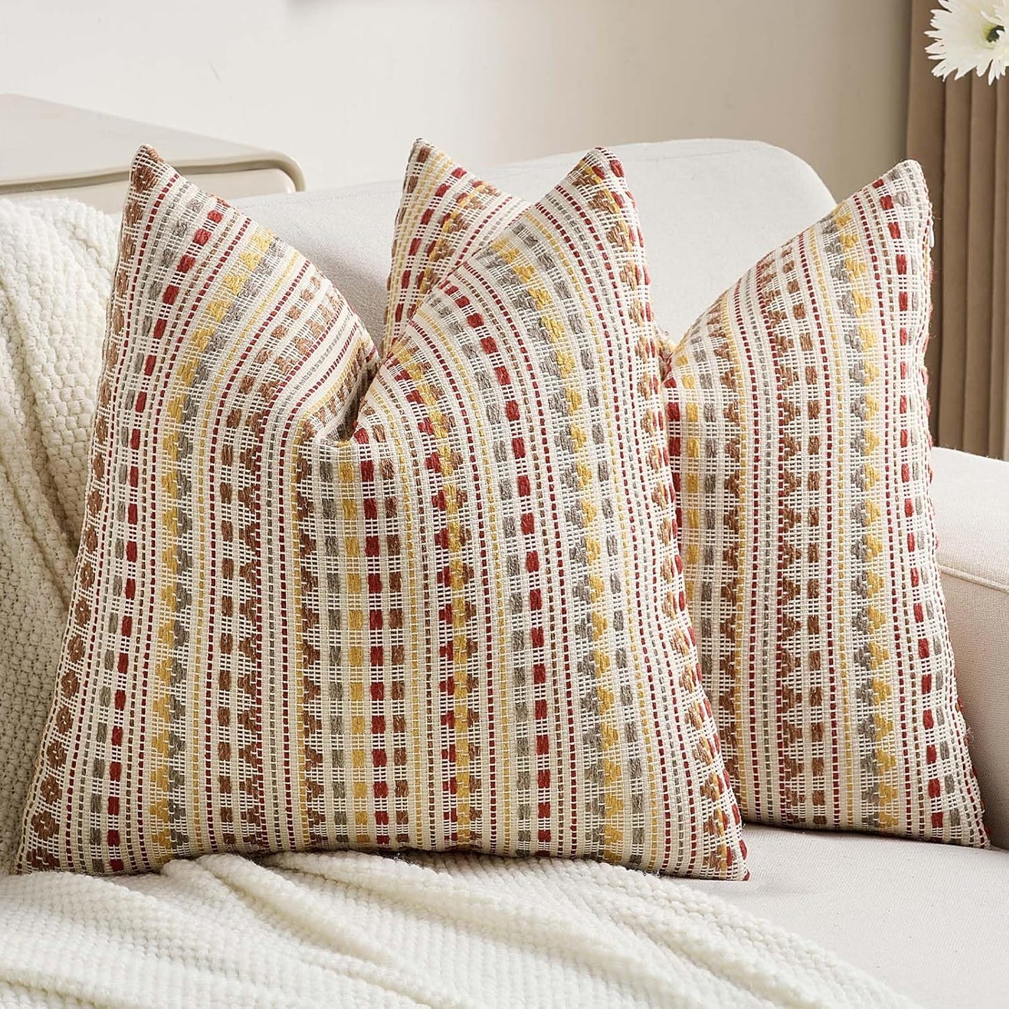 FUTEI Brown Red Decorative Throw Pillow Covers 20x20 Inch Set of 2,Soft Cozy Chenille Jacquard Textured Cushion Case,Boho Home Decor for Couch Bed Living Room