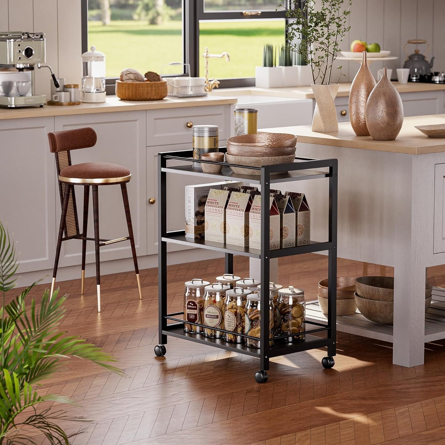 HITNET Bar Cart Black, Serving Cart for Home, 3 Tier Drinks Cart with Wheels, Rolling Beverage Cart for Kitchen Dining Living Room