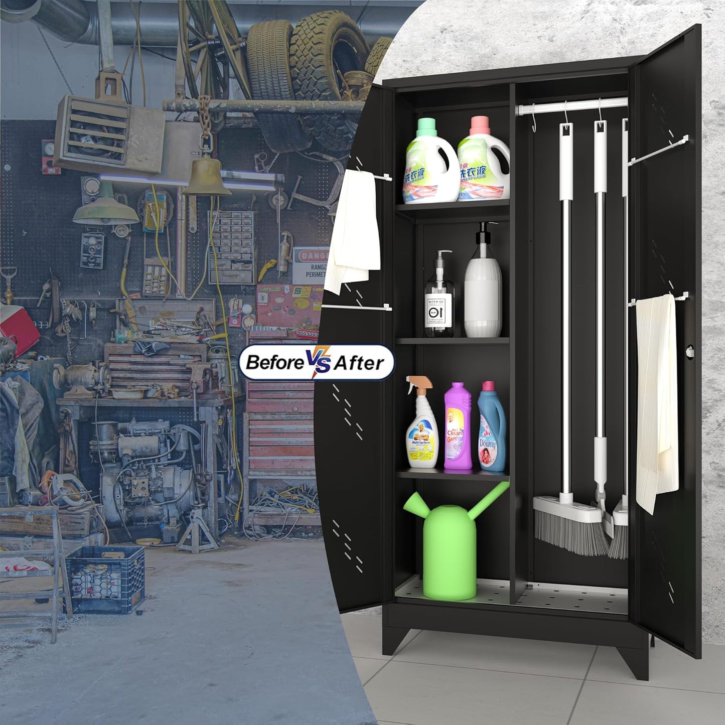 71'' Metal Storage Cabinet with Doors, Multifunctional Bathroom/Garage Lockable Steel Cabinet, Broom Closet Storage with Hanging Rod (Style-1)