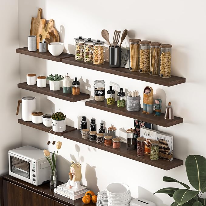 Fun Memories Farmhouse Floating Shelves - 8 Inch Deep Rustic Wood Wall Shelf - Premium Solid Pine Wood Storage Shelf for Kitchen Living Room Bedroom - 30" W x 8" D - Set of 2 - American Walnut