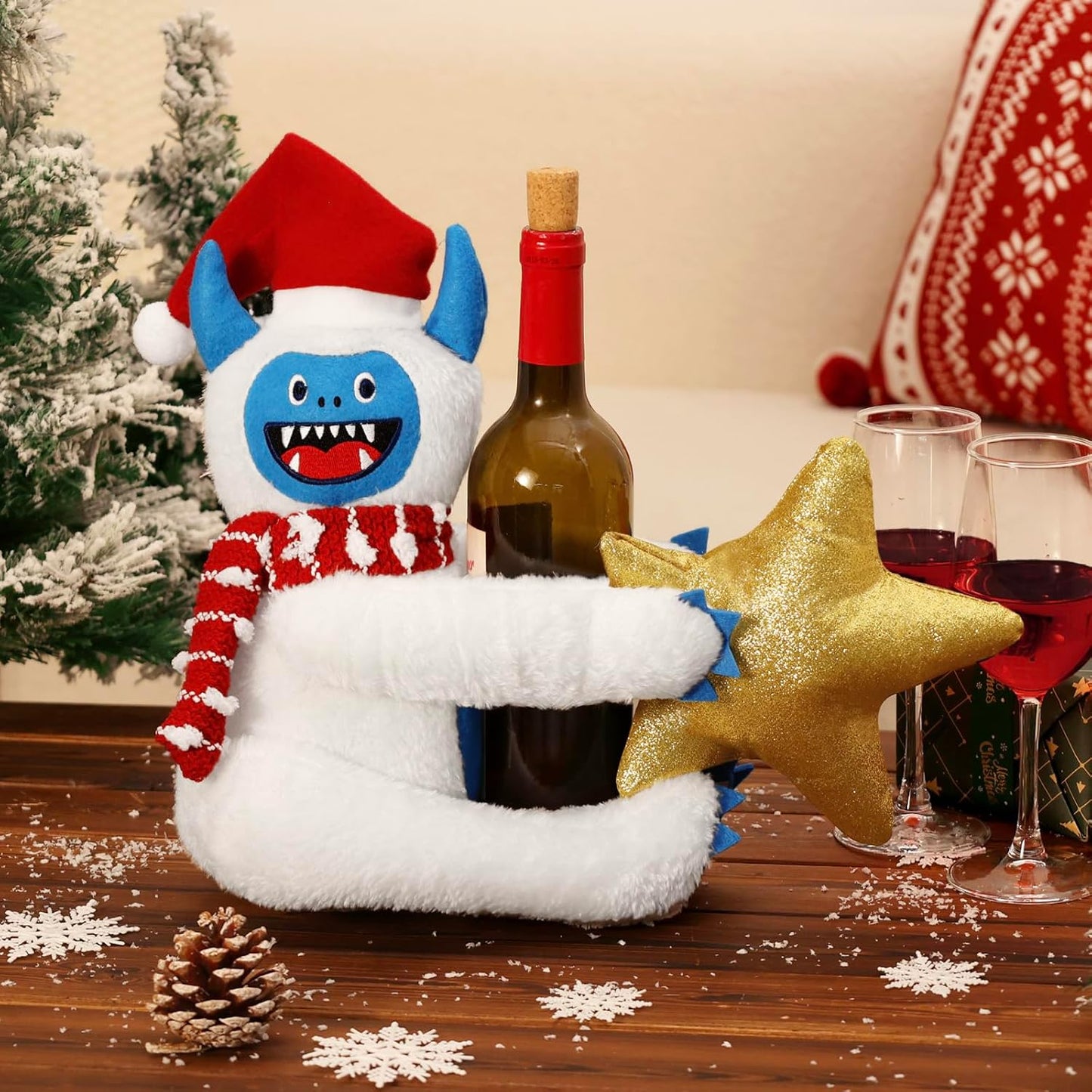 Bigfoot Snowman Christmas Tree Topper Decorations with Glitter Star Xmas Ornaments Home Decor 3D Wreath Attachment Winter Holiday Festive Gift Fits for Small 3-4ft Tree Fabric