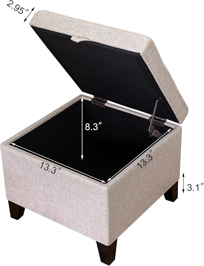 Adeco 18 Inch High Cube Ottoman Storage, Linen Chair Foot Stools, Upholstered Vanity Stool with Hinged Lid, Solid Wood Legs (Beige Grey)