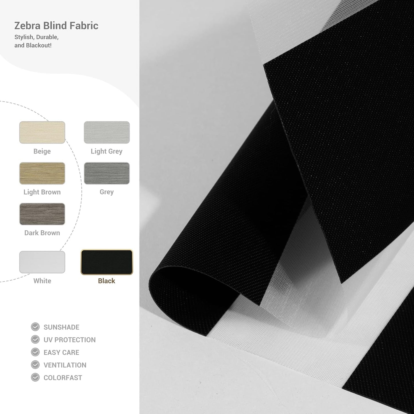 Cordless Zebra Blinds for Windows, Blackout Interior Blinds,Easy to Install,UV Protection,for Offices and Home,Custom Roller Shades, Solid Black, 17" W x 80" H