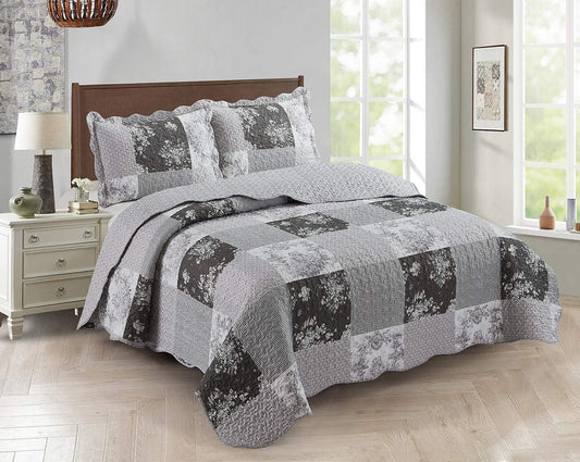 Brilliant Sunshine Grey Toile Floral Patchwork, 3-Piece Quilt Set with 2 Shams, Reversible Bedspread, Soft Lightweight Coverlet, All-Season, Full/Queen, Grey