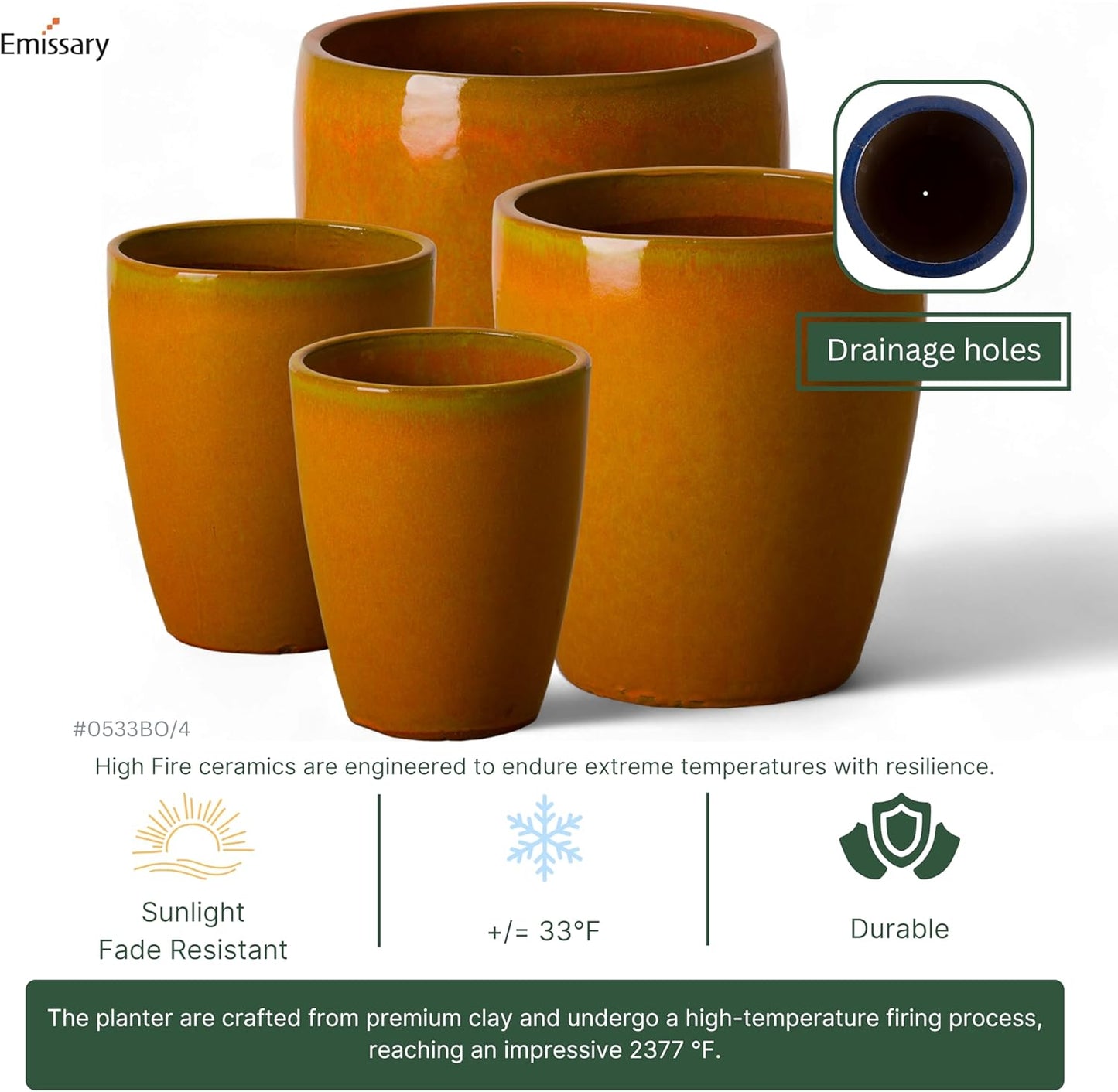 Emissary Home and Garden Bullet 12in., 14in., 15.5in., 21in. H Bright Orange Ceramic Round Planters with Drainage Hole (Set of 4)