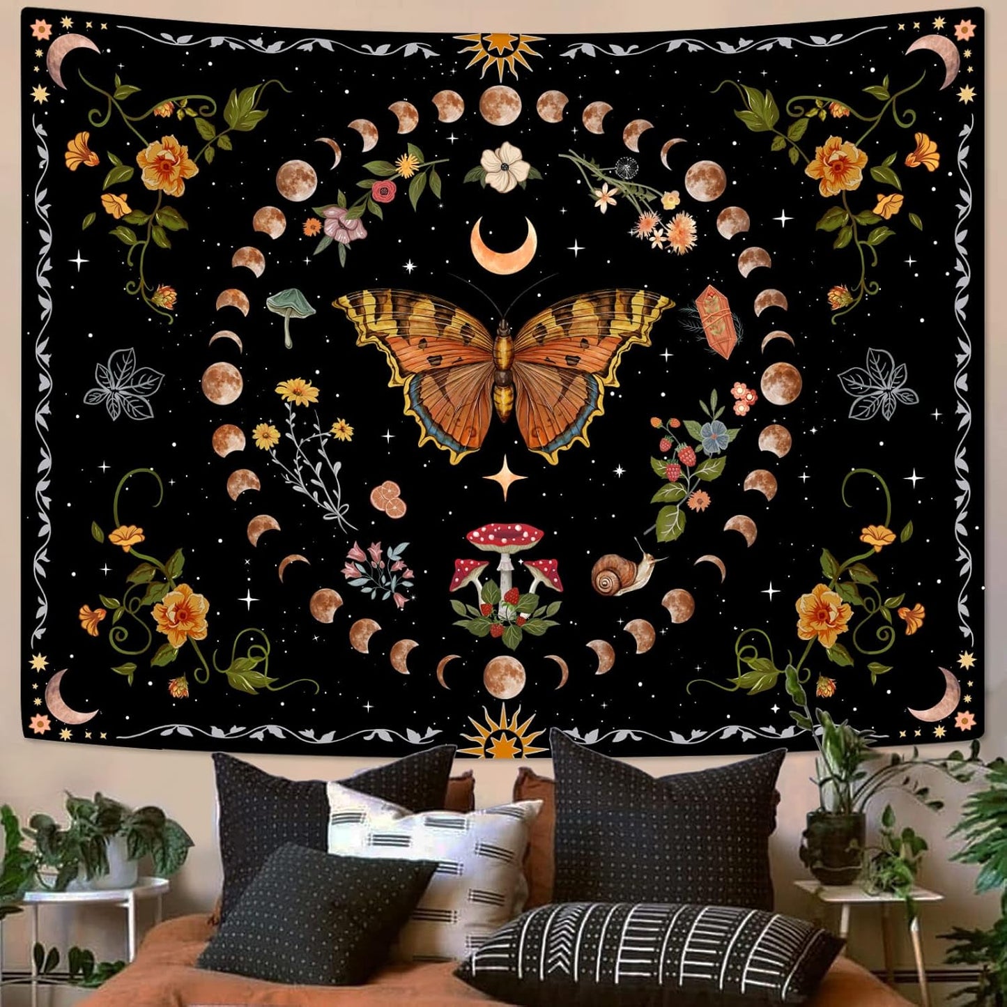 Aipon Orange Butterfly Moon Flower Tapestry Botanical Floral Plant Boho Tapestry for Bedroom Aesthetic Vintage Tapestries Wall Hanging for Living Room Dorm (68.00'' × 90.00'', Orange)