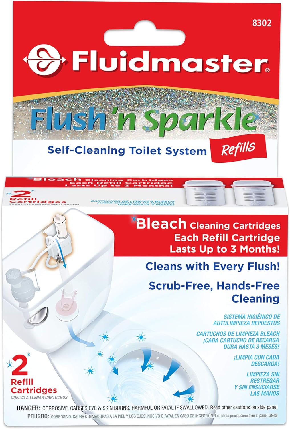 Fluidmaster 8302P8 Flush 'n Sparkle Automatic Toilet Bowl Cleaning System Bleach Replacement Cartridge Refills, 2-Pack
