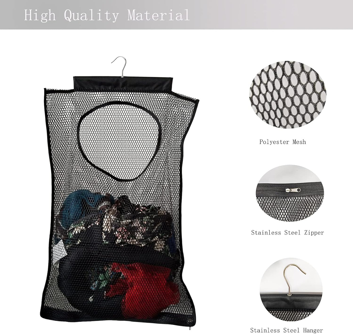 Hanging Mesh Laundry Hamper (30in*20in*2in) Large Dirty Clothes Bag, Can Be Used Behind The Door & Closet & Caravan& Bathroom (Black)