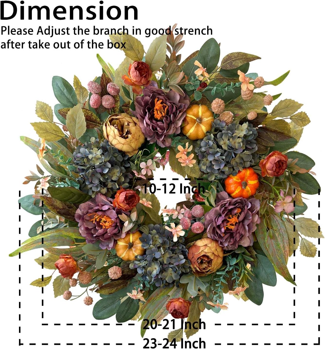 WANNA-CUL 24 Inch Spring Fall Wreaths for Front Door with Blue Hydrangea, Fall Wreath Front Door with Purple Orange Peony and Pumpkins-Fall Decoration for Home-Large Fall Decor Door Wreath for Autumn