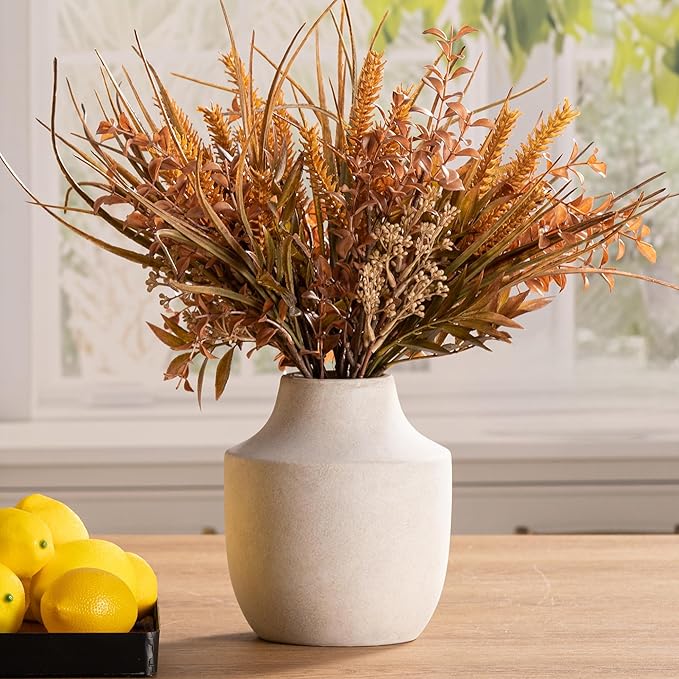 Mitt&Ditt Ceramic Flower Vase, 7.5 inch Off-White Farmhouse Rustic Vase, Handcrafted Weathered Pottery Vases, Small Flower Terracotta Vases for Home Decor, Living Room, Table, Shelf