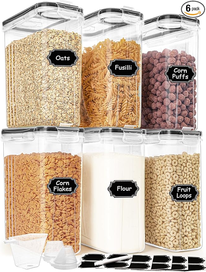 Cereal Containers Storage Set (4L / 135.2oz), 6PCS Airtight Food Storage Containers with Lids, Cereal Dispensers for kitchen Pantry Organizers and Storage with Pour Spout, 20 Labels, Marker