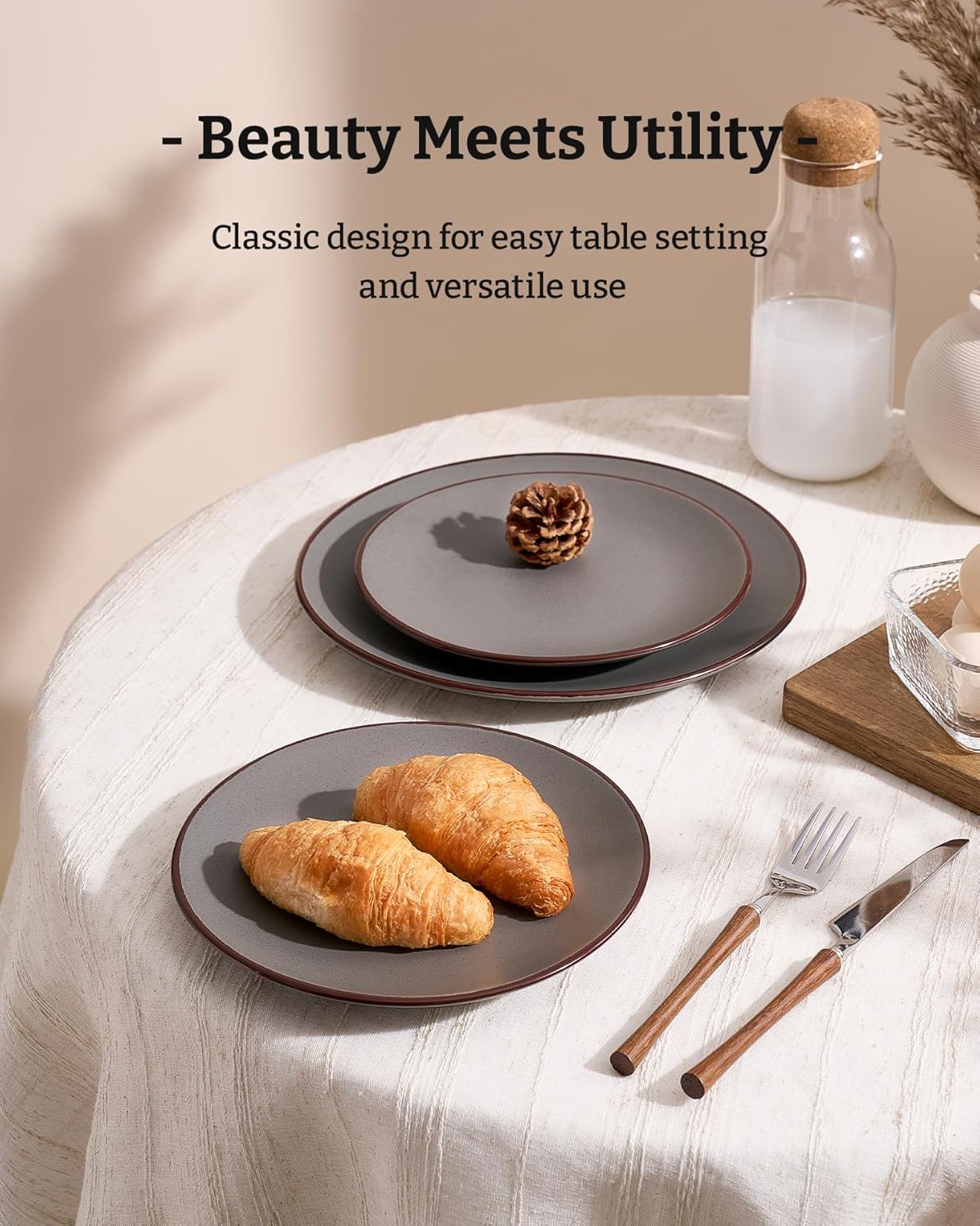 Famiware Venus Plates and Bowls Sets, 12 Pieces Stoneware Speckled Dinnerware Sets, Dishes Set for 4, Microwave and Dishwasher Safe, Matte Dark Grey