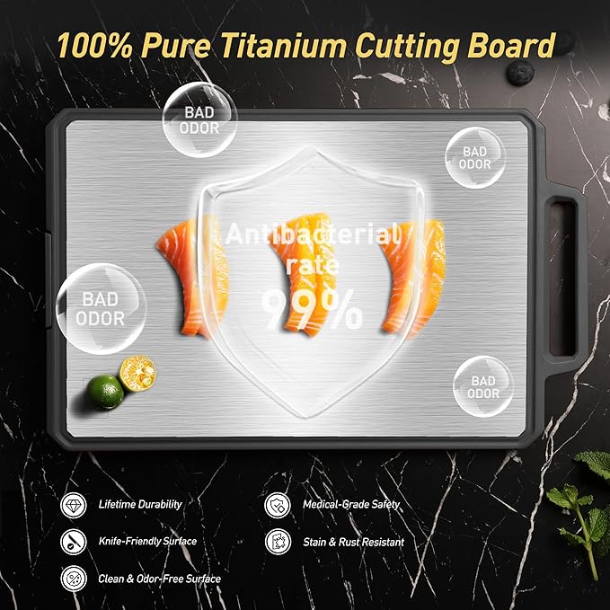 Titanium Cutting Boards for Kitchen Non Toxic Chopping Board with Handle Large Big Small Kitchen Meat Butcher Block 2 in 1 Pure Titanium and Wheat Straw PP Not Wood Bamboo Plastic Teak Grey/Beige