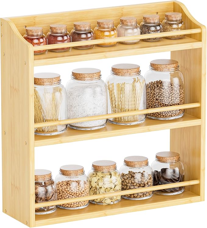 Spice Rack Wall Mounted, Spice Organizer for Counter, Bamboo Spice Storage Holder for Kitchen Cabinet, Pantry (Spice Jars Not Included, Natural)