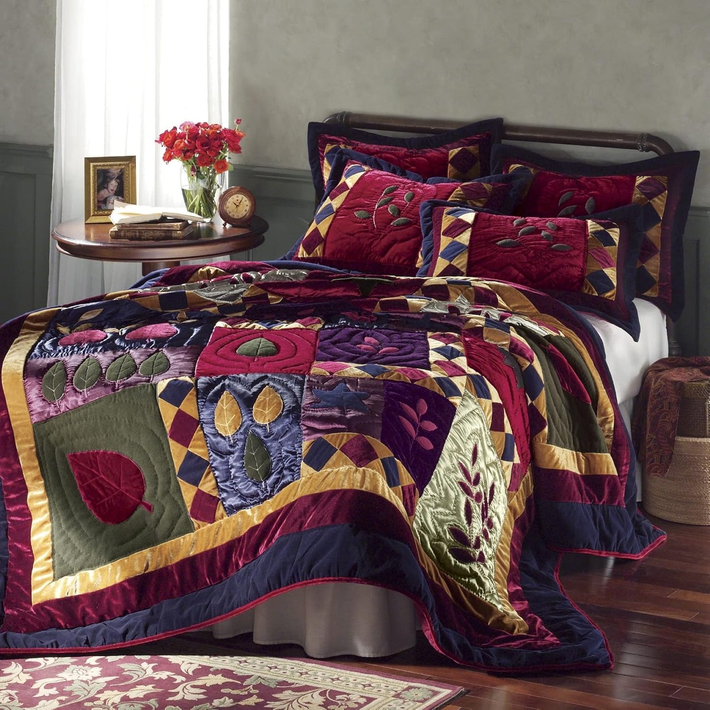 Montgomery Ward Velvet Dreams Quilt for Full/Queen Size - Luxurious, Hand-Quilted Velvet Design, Ideal for All Seasons (Navy/Gold/Burgundy, Full/Queen), Multi
