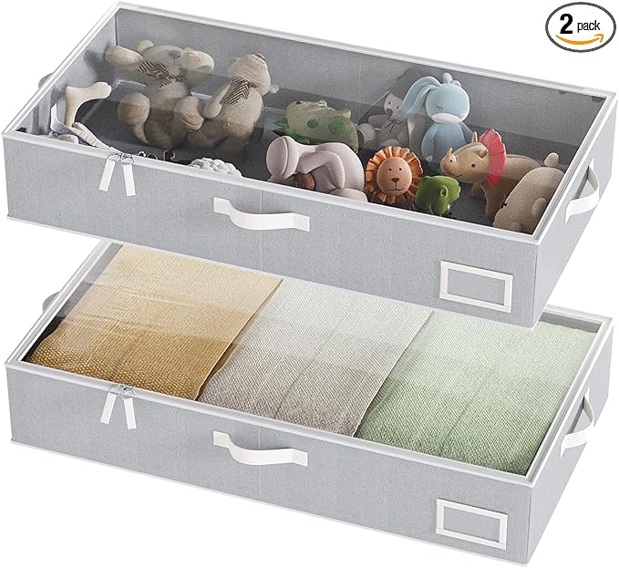 Under Bed Storage Containers, 2-Pack Underbed Storage Box, Collapsible Clothes Storage Bins with Handles and Lid, Large Under Bed Organizers for Shoe, Blanket, Pillow, Sheet, Gray