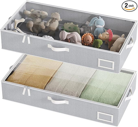 Under Bed Storage Containers, 2-Pack Underbed Storage Box, Collapsible Clothes Storage Bins with Handles and Lid, Large Under Bed Organizers for Shoe, Blanket, Toy, Pillow, Sheet, Gray