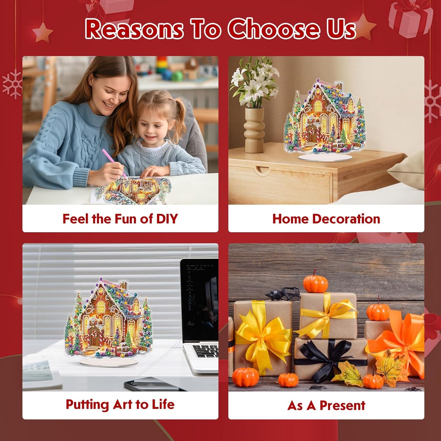 MEIYUDA Christmas Diamond Art Tabletop Kits, Christmas House Diamond Art Painting Desktop Ornaments for Adult, DIY Special Shaped Crystal Desk Placement Ornament for Home Office Decor Crafts Gift