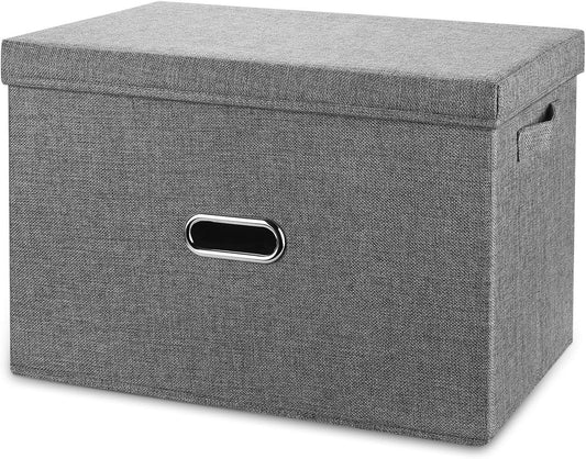 Large Linen Fabric Foldable Storage Bins with Removable Lid and Handles, Washable Storage Box Organizer Containers Baskets Cube with Cover for Bedroom,Closet,Office,Nursery (Grey, Extra Large)