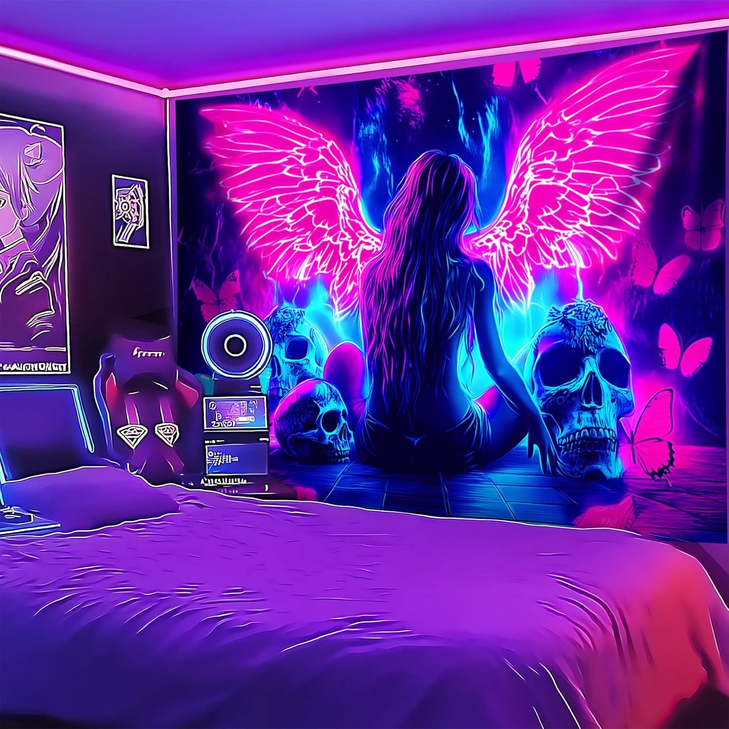 Blacklight Tapestry,WingTapestry Glow In The Dark,UV Reactive Black Light Upright Posters Wall Hanging for Bedroom Dorm Living Room Backdrop Decor (wing12, 90L" x 70W")