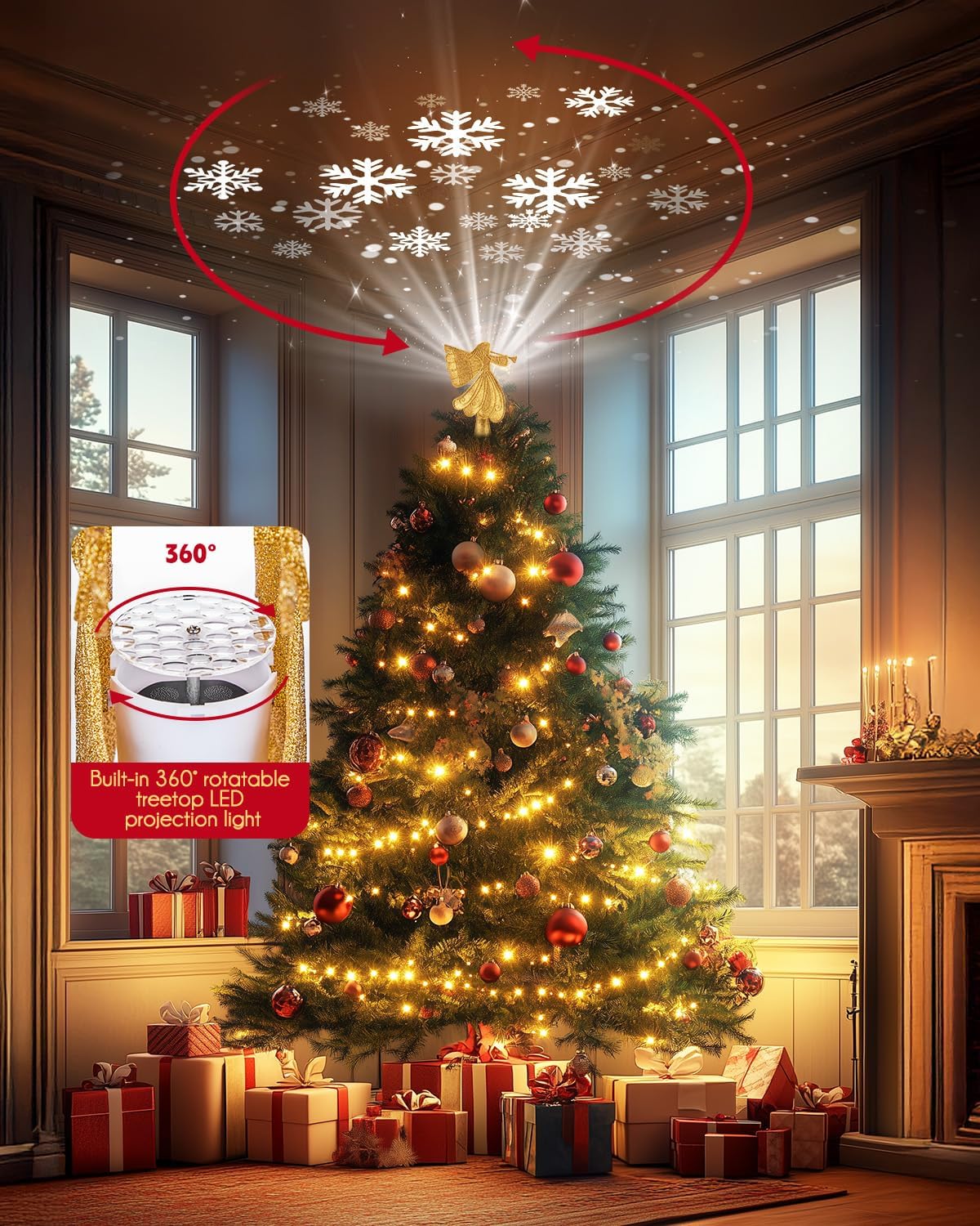 Christmas Angel Tree Topper with Built-in LED Snowflake Projector Lights Hollowed Pentagram Tree Top with Gold Spangles Plated Plug in for Indoor Outdoor Christmas Decorations, Gold