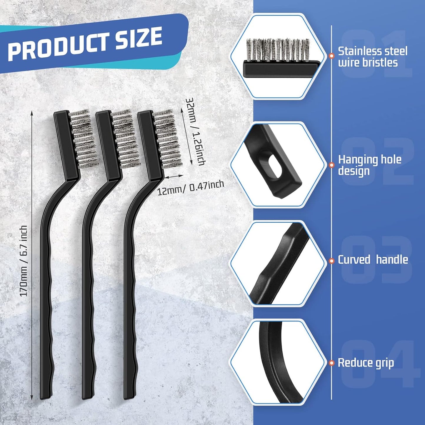 60 Pcs Mini Wire Brush Set Stainless Steel Wire Bristle Scratch Brush Small Metal Brush for Cleaning Curved Handle Masonry Welding for Cleaning Welding Slag and Rust Tool, Black, 6.7 Inches