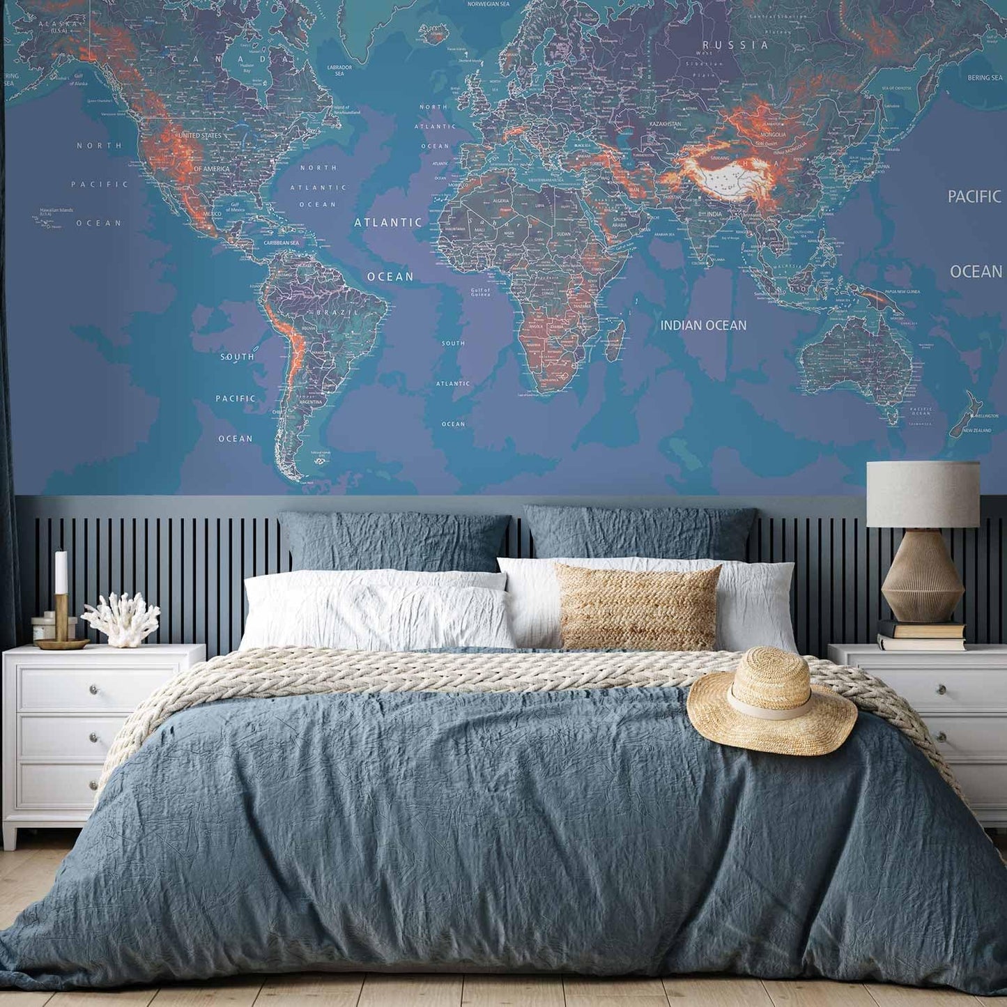 artgeist Premium Wall Mural World Map 138x101 in - XXL Non-Woven Wallpaper Fleece Wall Decor Photo Print Picture Image Design Home Map of The World k-A-0061-a-d