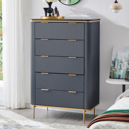 T4TREAM Fluted 5 Drawers Dresser for Bedroom, 48" Tall Modern Dresser Chest of Drawers, Gold Accents, Fluted Fronts, Wood Storage Dressers Organizer for Bedroom, Living Room, Dark Grey
